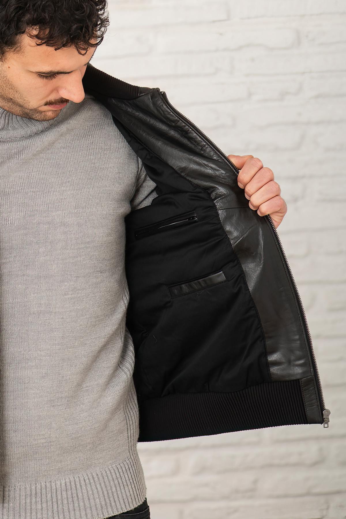Black buffalo leather jacket with stand-up collar - Image n°8