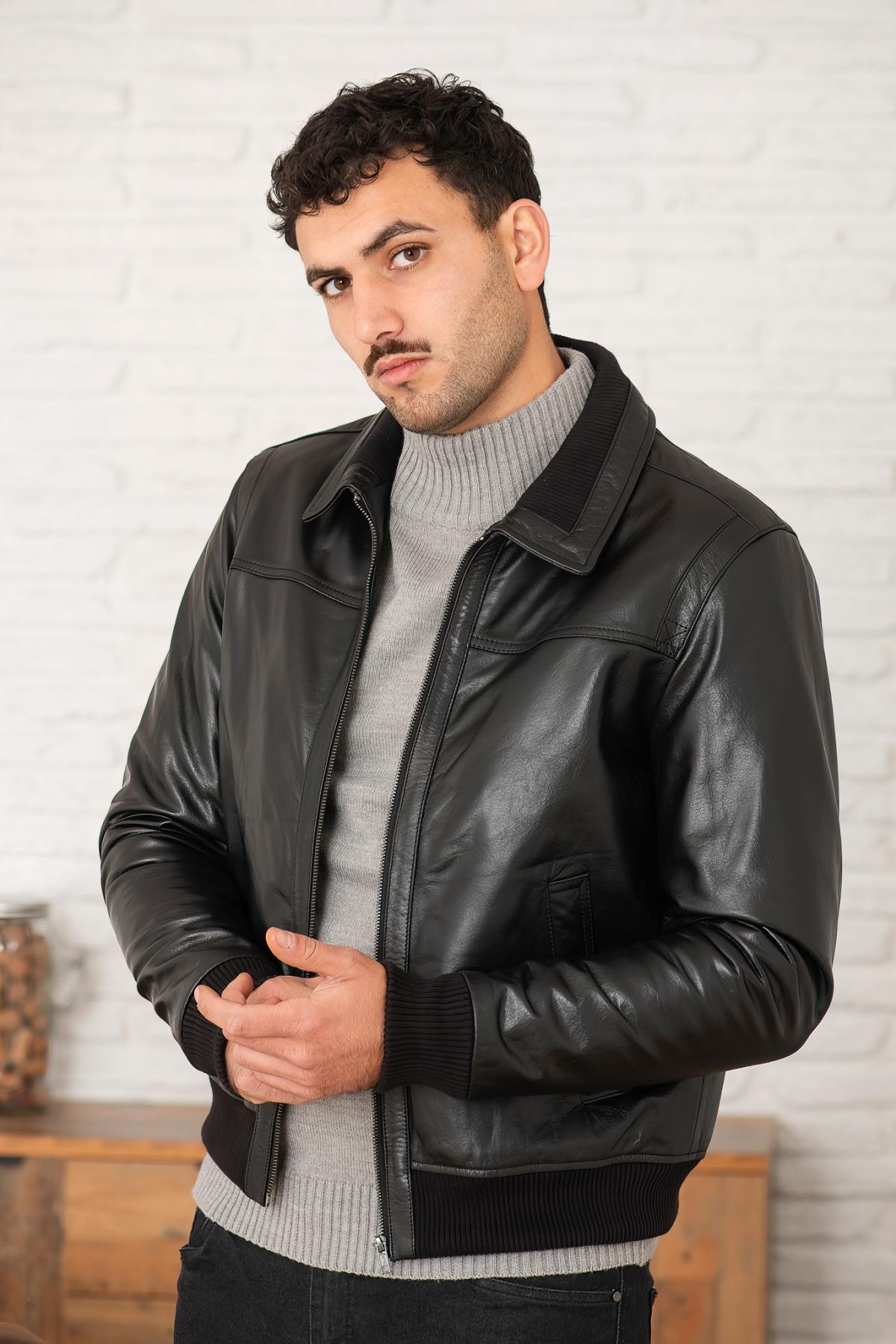 Black buffalo leather jacket with stand-up collar - Image n°1