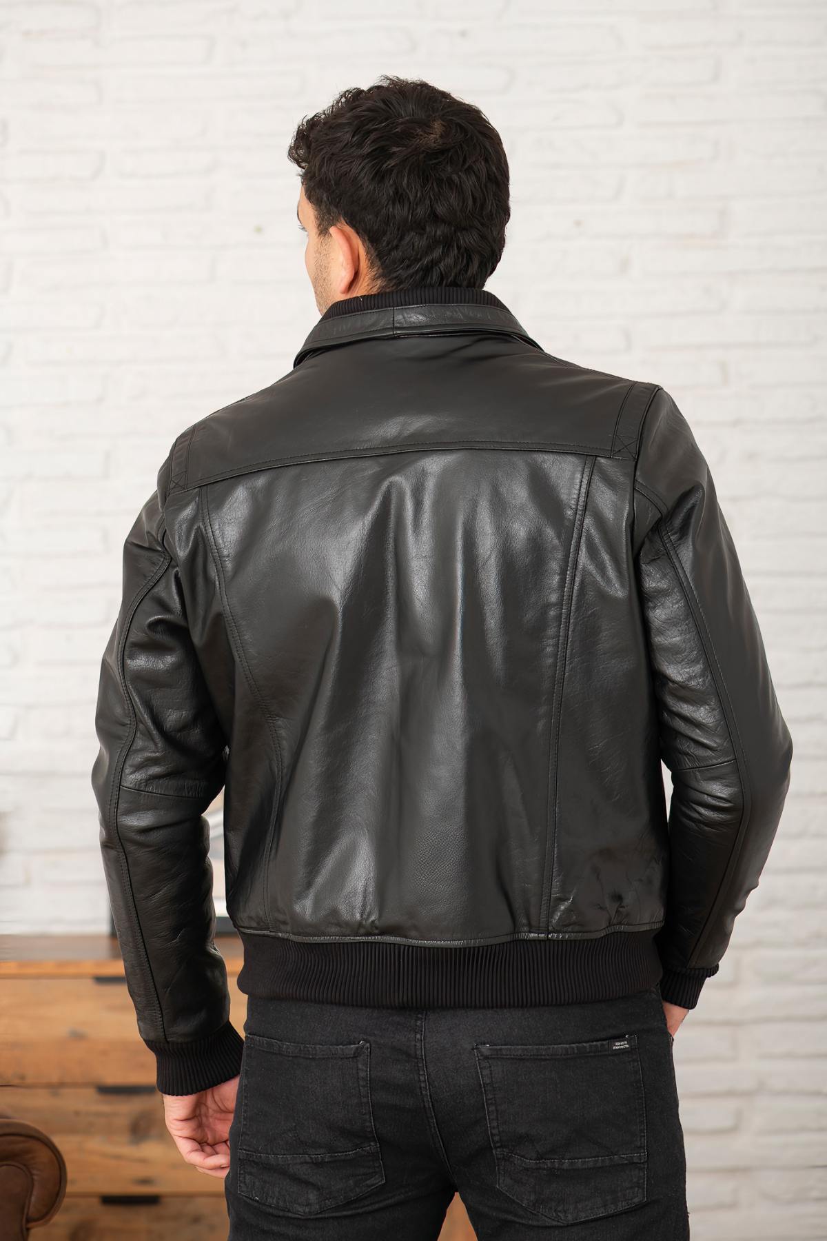 Black buffalo leather jacket with stand-up collar - Image n°4