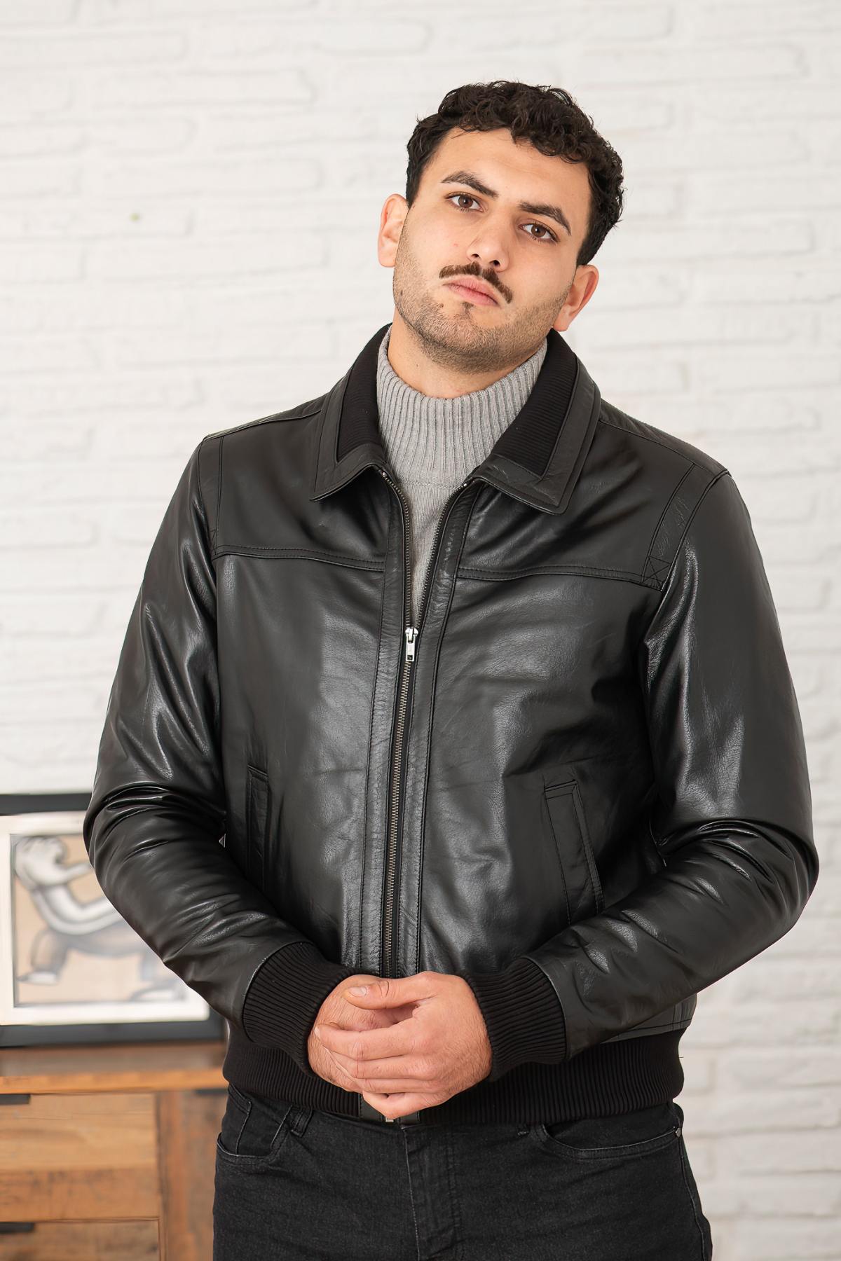 Black buffalo leather jacket with stand-up collar - Image n°7