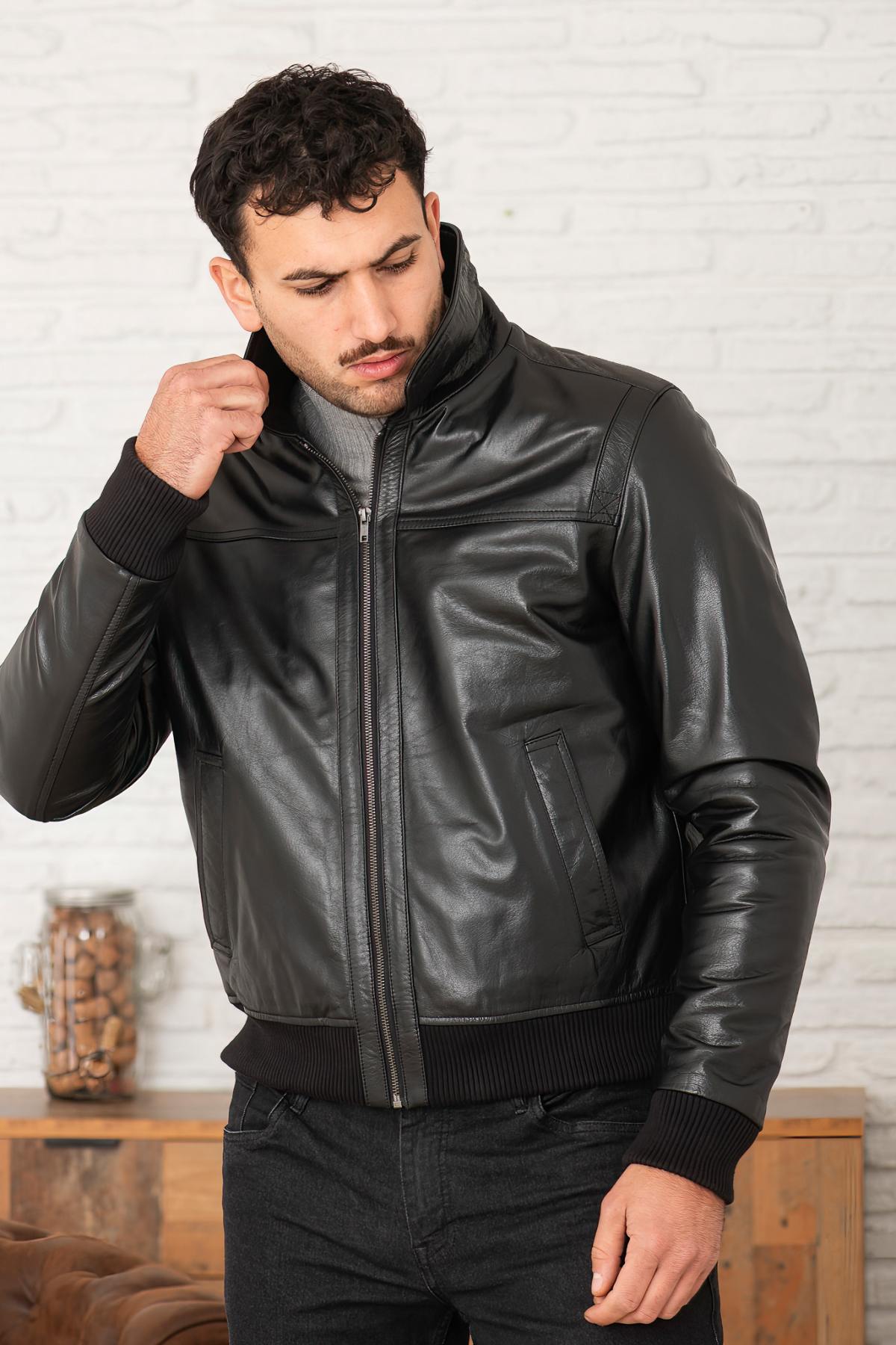 Black buffalo leather jacket with stand-up collar - Image n°3