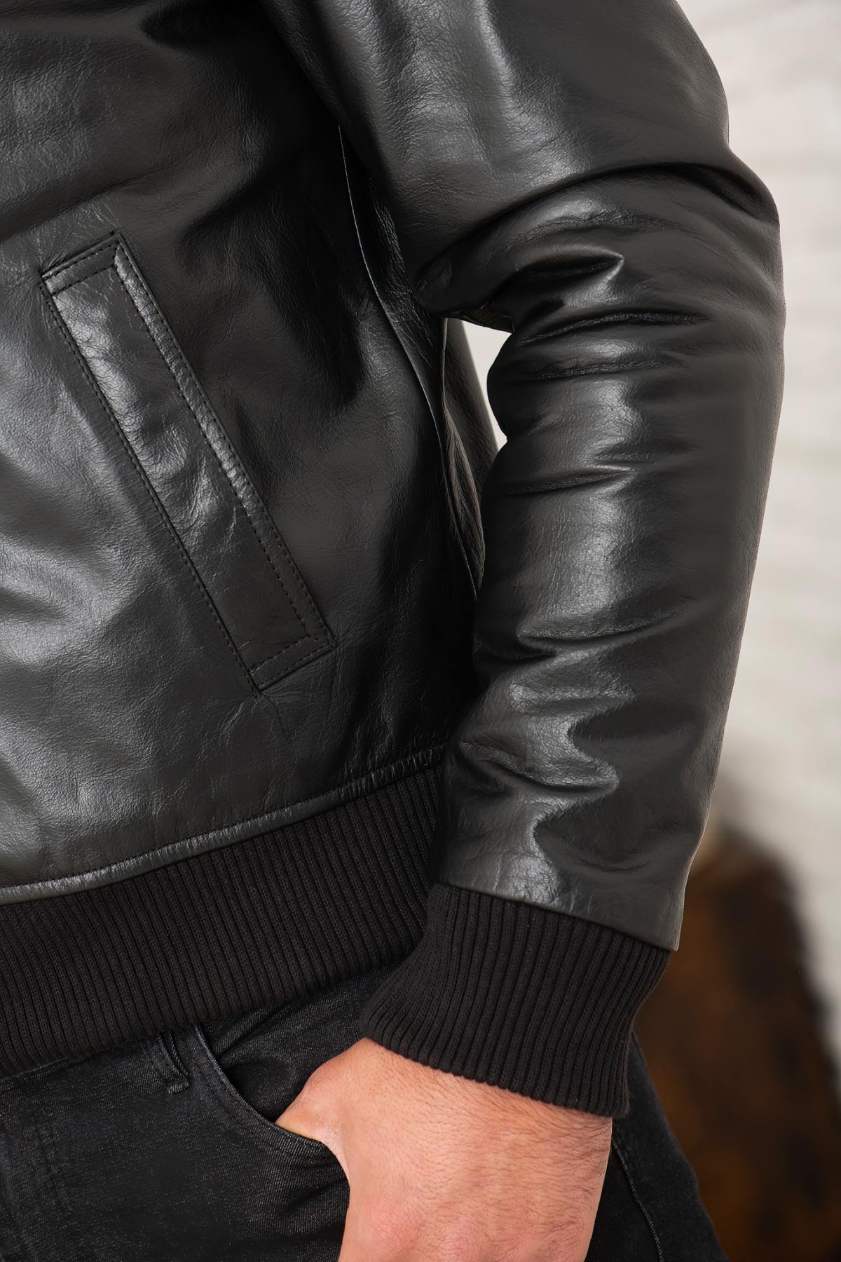 Black buffalo leather jacket with stand-up collar - Image n°5