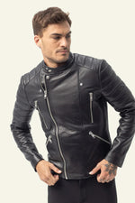 Slim-fit black lambskin biker jacket with matelassage shoulders. - Image n°2