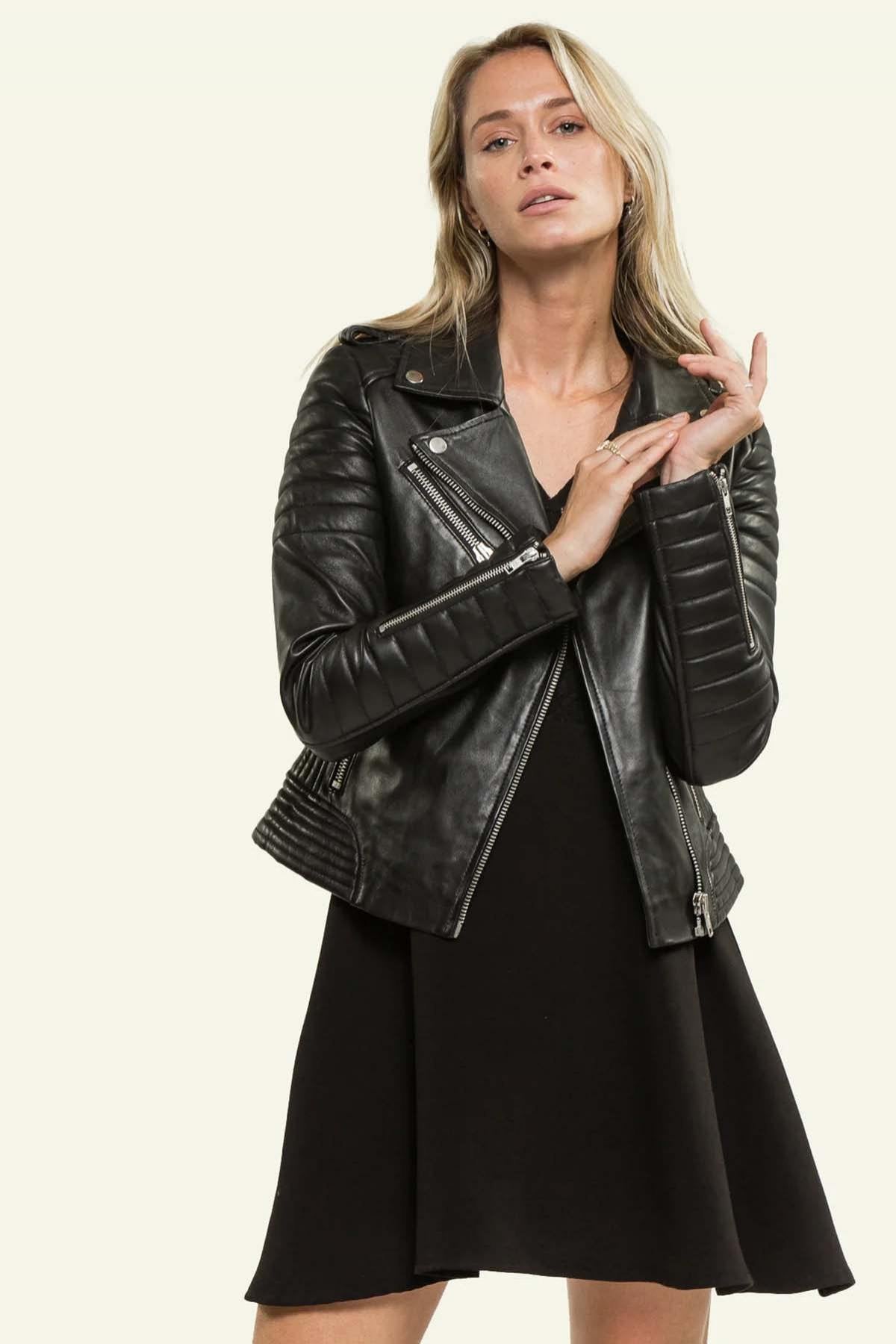 Slim black sheep leather biker jacket with quilted sleeves and waist. - Image n°1