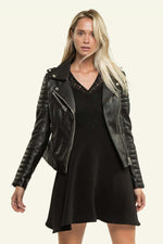 Slim black sheep leather biker jacket with quilted sleeves and waist. - Image n°3