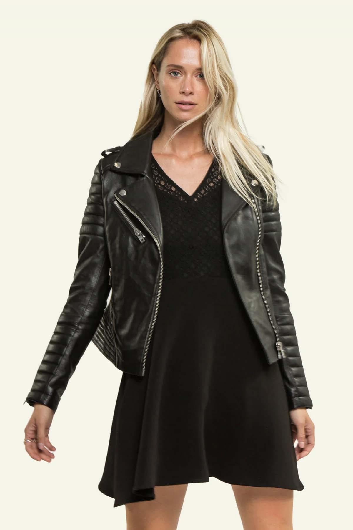 Slim black sheep leather biker jacket with quilted sleeves and waist. - Image n°3