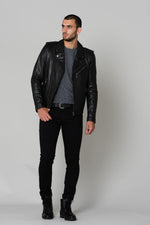 Thick washed lambskin leather, slimfit black biker jacket. - Image n°2