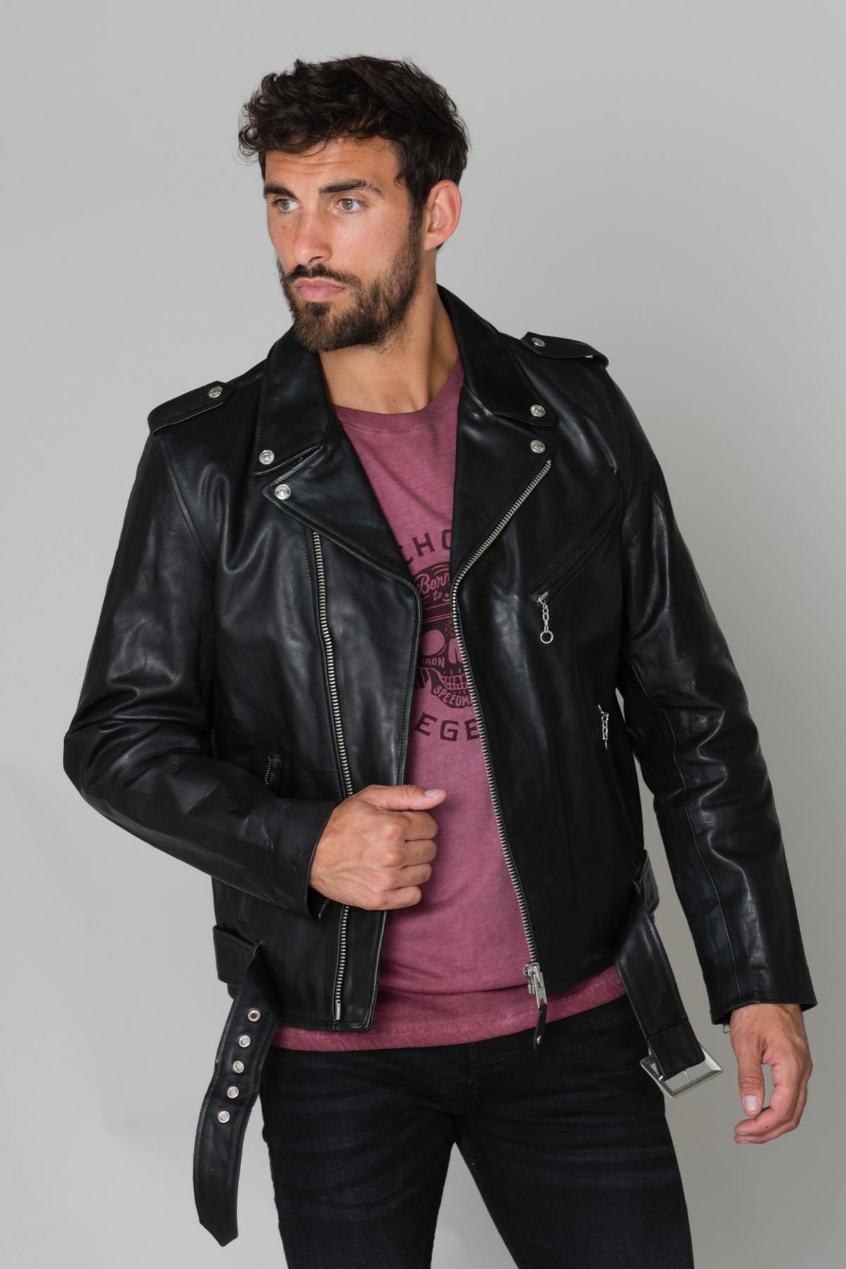 Thick vachetta leather, asymmetrical zip-Schott's LCICON2 Black. - Image n°1