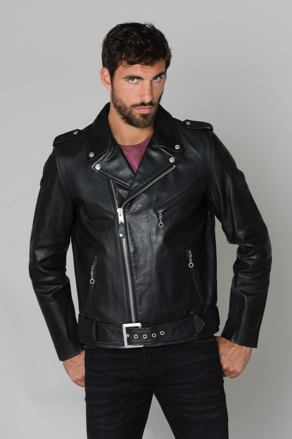 Thick vachetta leather, asymmetrical zip-Schott's LCICON2 Black. - Image n°3