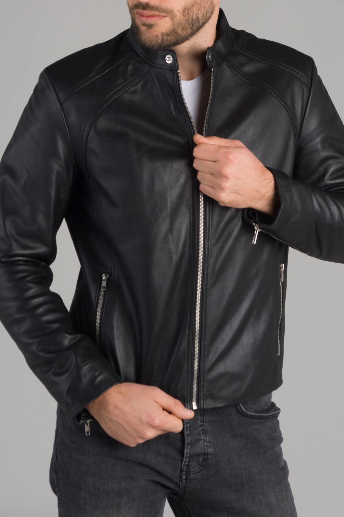 Black lambskin café racer with skinny fit, Mao collar, zipped sleeves. - Image n°1