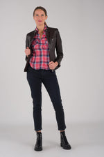 Deep brown lambskin jacket with a patina finish and mandarin collar. - Image n°3