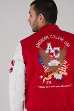 Red and white varsity jacket with quilted lining and contrast details. - Image n°2