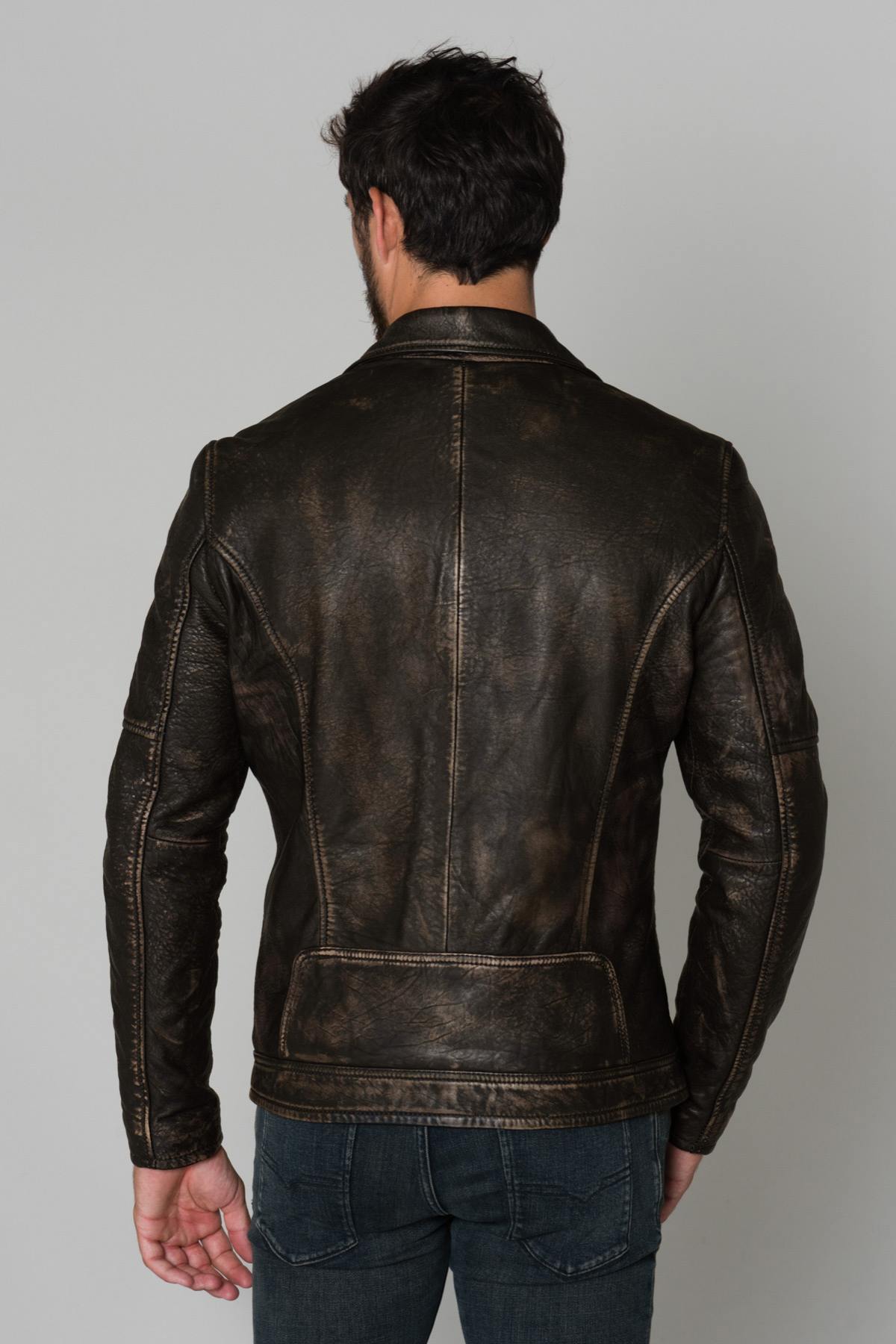 Brown men's biker jacket - Image n°5