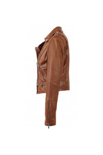 Distressed cognac lambskin biker jacket, cropped with silver details. - Image n°12