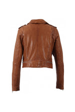 Distressed cognac lambskin biker jacket, cropped with silver details. - Image n°11