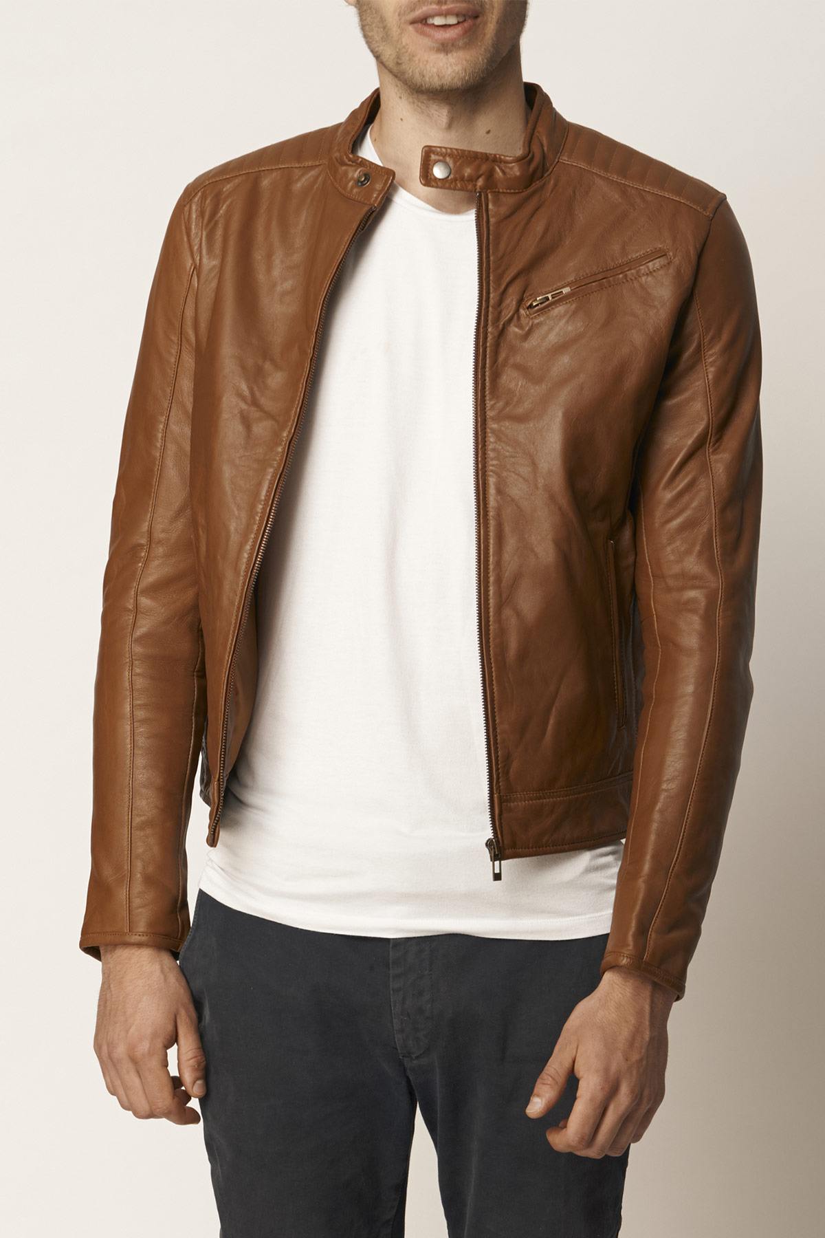 Men's biker style leather with snap collar - Image n°5