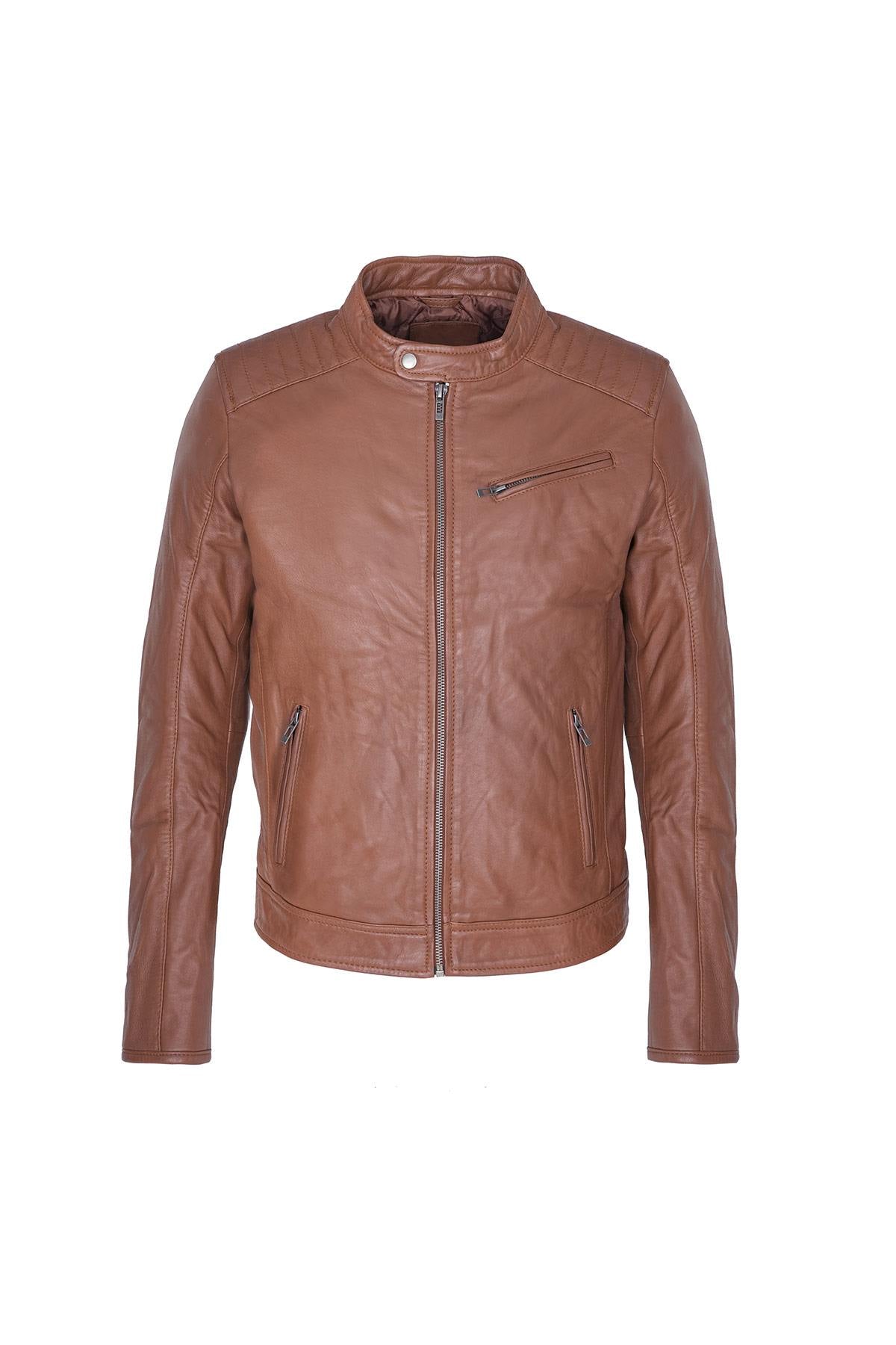 Men's biker style leather with snap collar - Image n°2