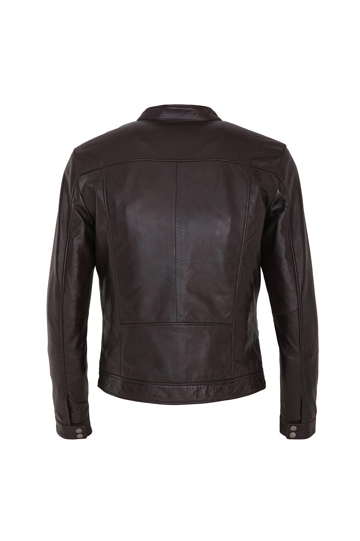 Brown leather jacket with snap collar - Image n°3