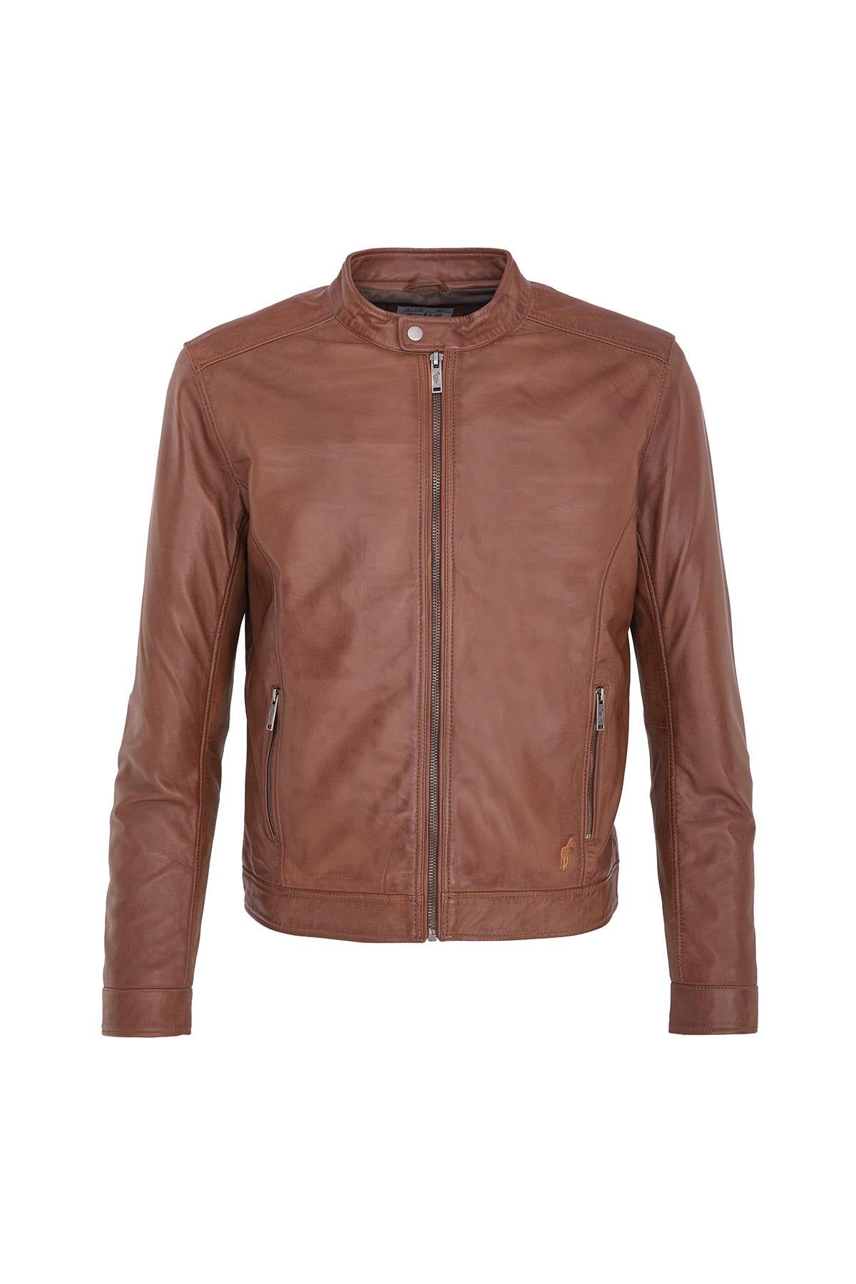 Cognac leather jacket for men - Image n°1