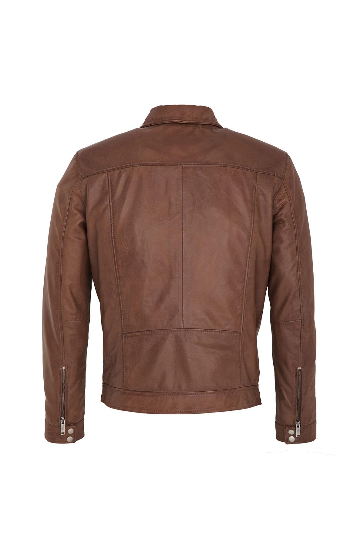 Cognac-colored leather shirt collar - Image n°3