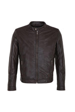 Brown leather jacket with snap collar - Image n°1