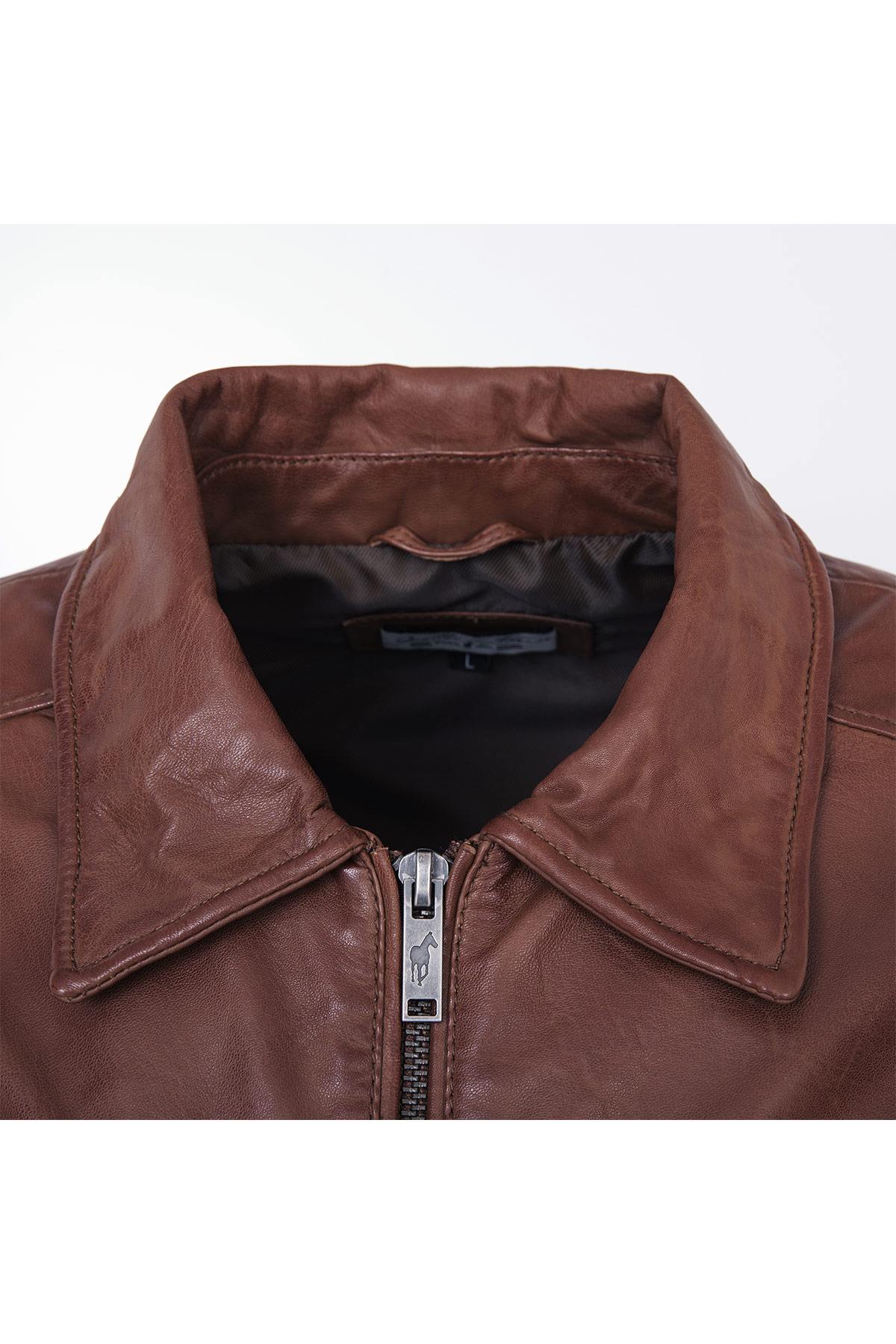 Cognac-colored leather shirt collar - Image n°2
