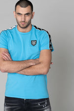 Turquoise blue t-shirt with shoulder edging - Image n°1