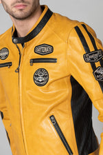 Bold sheep leather jacket in yellow and black with moto collar. - Image n°2