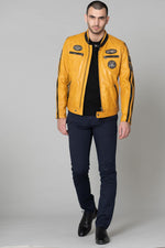 Bold sheep leather jacket in yellow and black with moto collar. - Image n°3