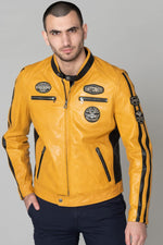 Bold sheep leather jacket in yellow and black with moto collar. - Image n°1