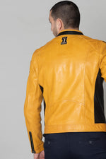 Bold sheep leather jacket in yellow and black with moto collar. - Image n°6