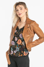 Women's cognac lambskin Biker Jacket - Image n°1