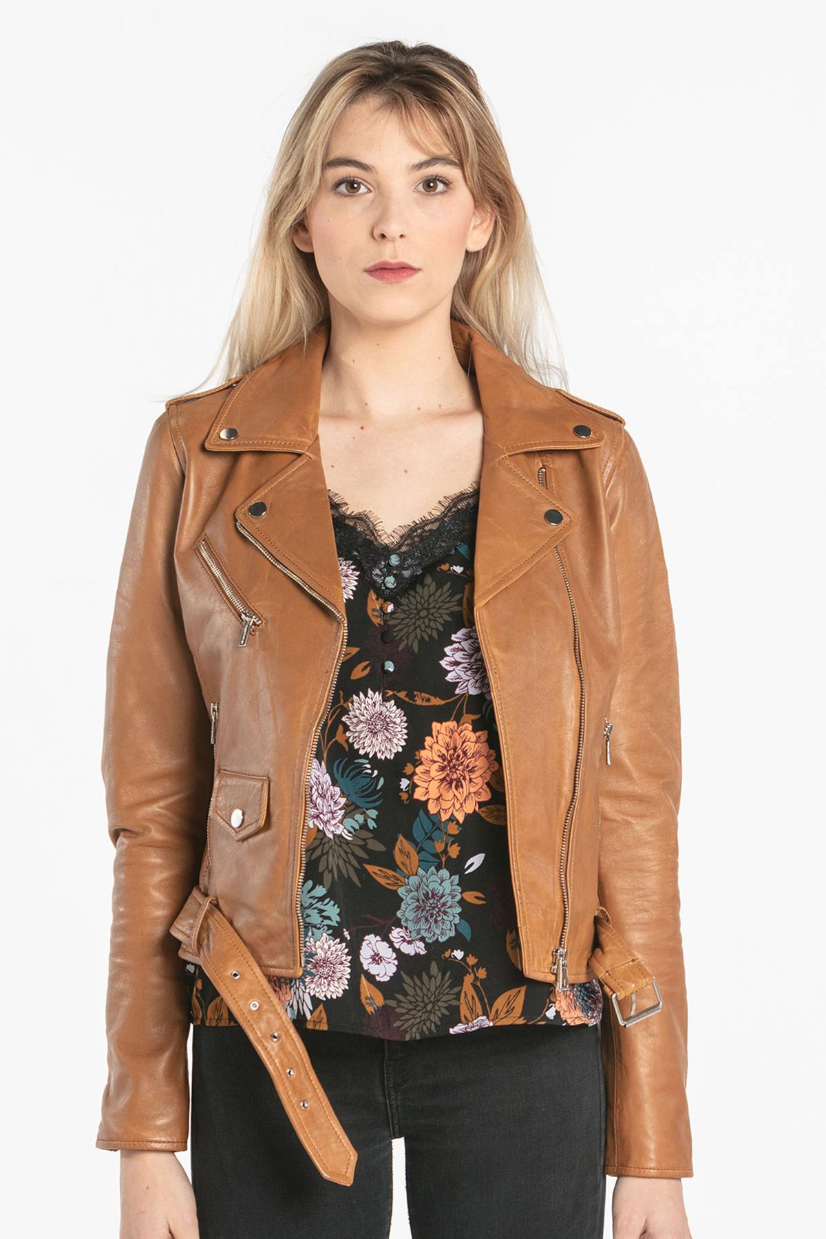 Women's cognac lambskin Biker Jacket - Image n°4
