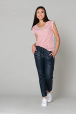 Blue leather pants with elastic waist - Image n°1