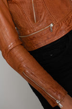 Distressed cognac lambskin biker jacket, cropped with silver details. - Image n°8
