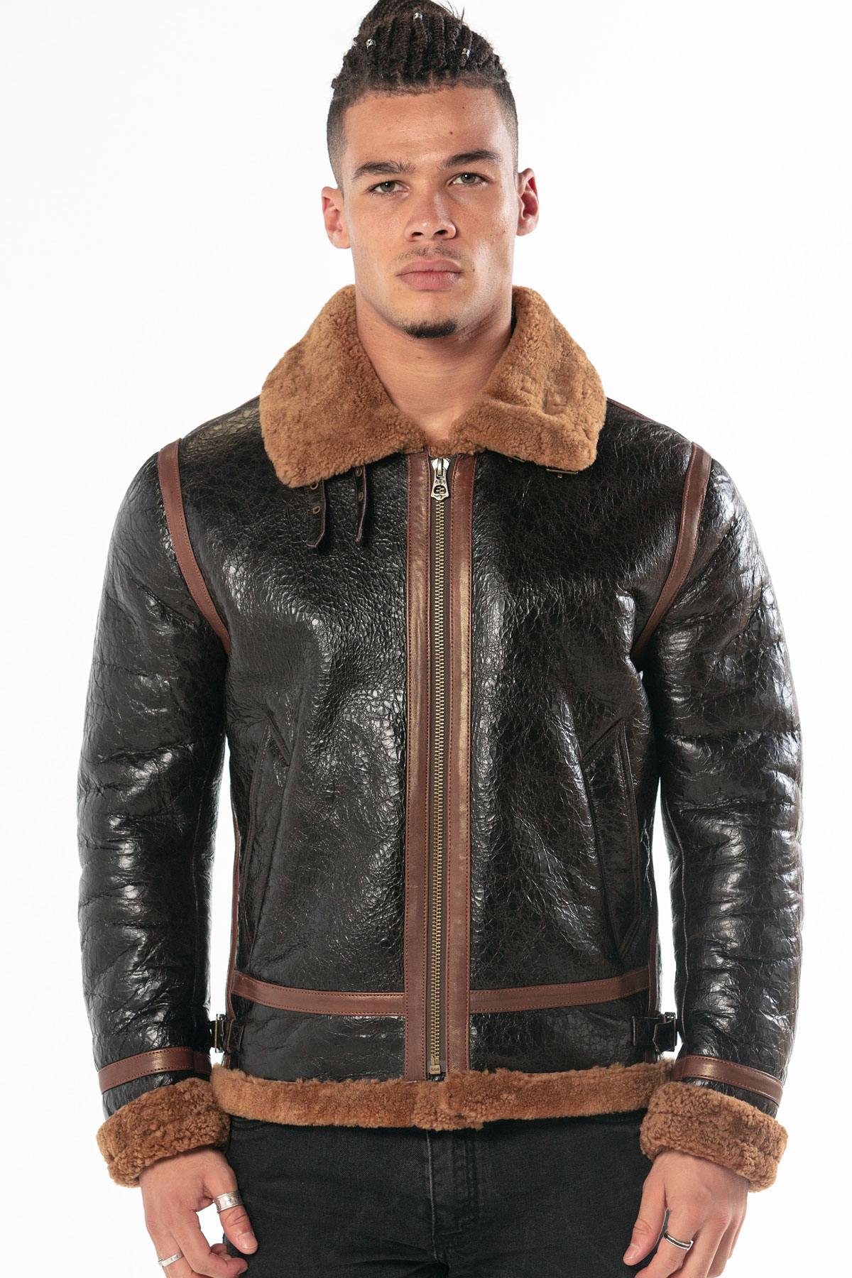 Oiled black sheepskin bomber with cognac shearling lining. - Image n°8