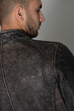 Patinaed cowhide biker jacket, stone-washed for a lived-in edge. - Image n°9