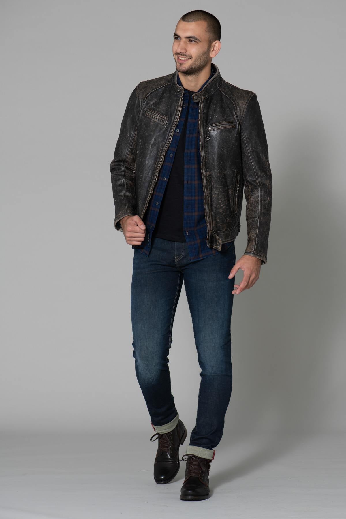 Patinaed cowhide biker jacket, stone-washed for a lived-in edge. - Image n°2