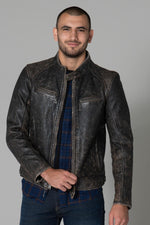 Patinaed cowhide biker jacket, stone-washed for a lived-in edge. - Image n°4