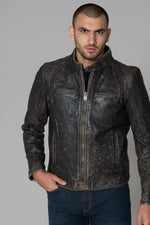 Patinaed cowhide biker jacket, stone-washed for a lived-in edge. - Image n°3