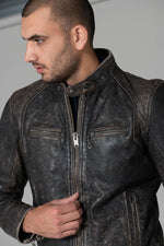Patinaed cowhide biker jacket, stone-washed for a lived-in edge. - Image n°7