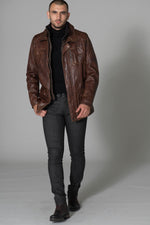 Dark cognac lambskin jacket with a vintage straight cut and sheen. - Image n°2