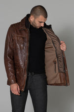 Dark cognac lambskin jacket with a vintage straight cut and sheen. - Image n°5