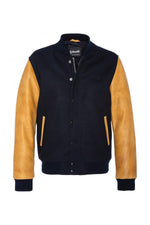 Schott's varsity jacket: navy wool with cognac cowhide sleeves. - Image n°6