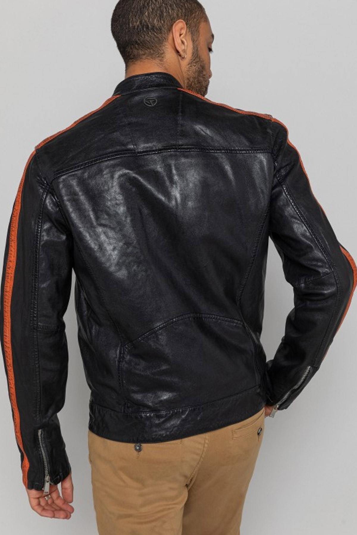 Black lambskin biker jacket with bold orange accents. Slim and sharp. - Image n°3