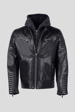 Slim black lambskin jacket with a zip-off wool hood for urban edge. - Image n°5