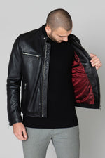 Slim black lambskin jacket with zippered cuffs and burgundy lining. - Image n°5