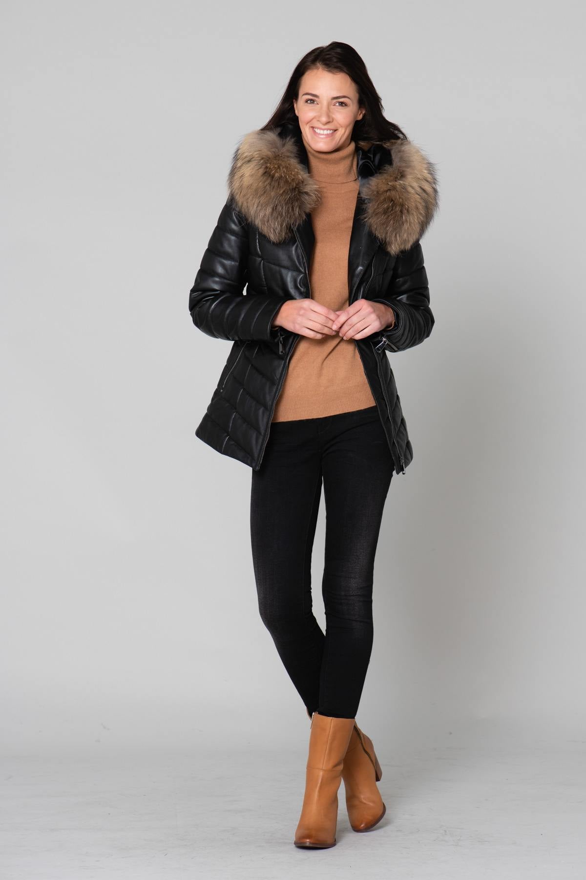 Black lambskin jacket, mid-length with genuine shearling for warmth. - Image n°2