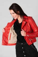 Washed red lambskin biker jacket with metallic zips and slim fit. - Image n°5
