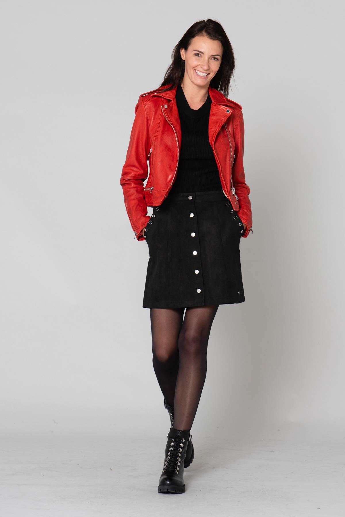 Washed red lambskin biker jacket with metallic zips and slim fit. - Image n°2